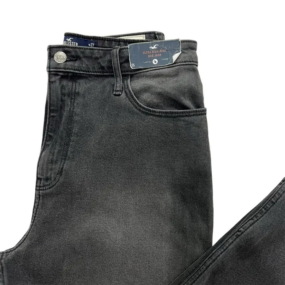 Hollister Ultra High-Rise Dad Jeans Black Straight Leg Thigh Slit Jeans Size 26 - Picture 3 of 7